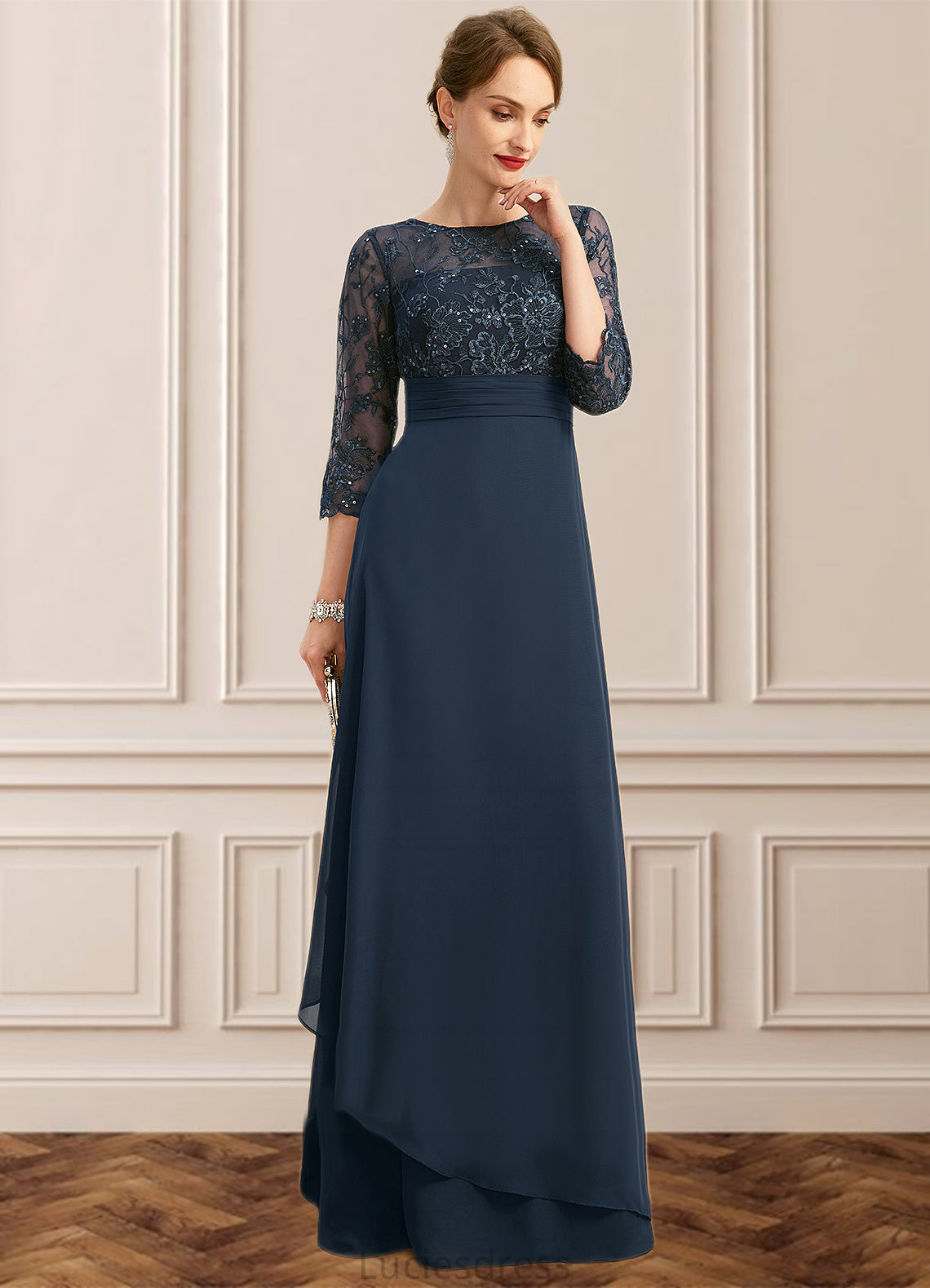 Selah A-line Scoop Illusion Floor-Length Chiffon Lace Mother of the Bride Dress With Pleated Sequins HFP0021754