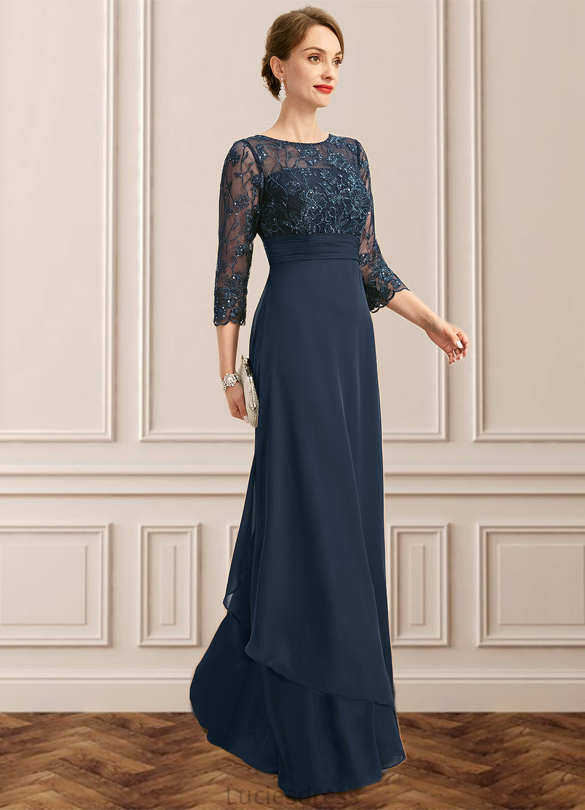 Selah A-line Scoop Illusion Floor-Length Chiffon Lace Mother of the Bride Dress With Pleated Sequins HFP0021754