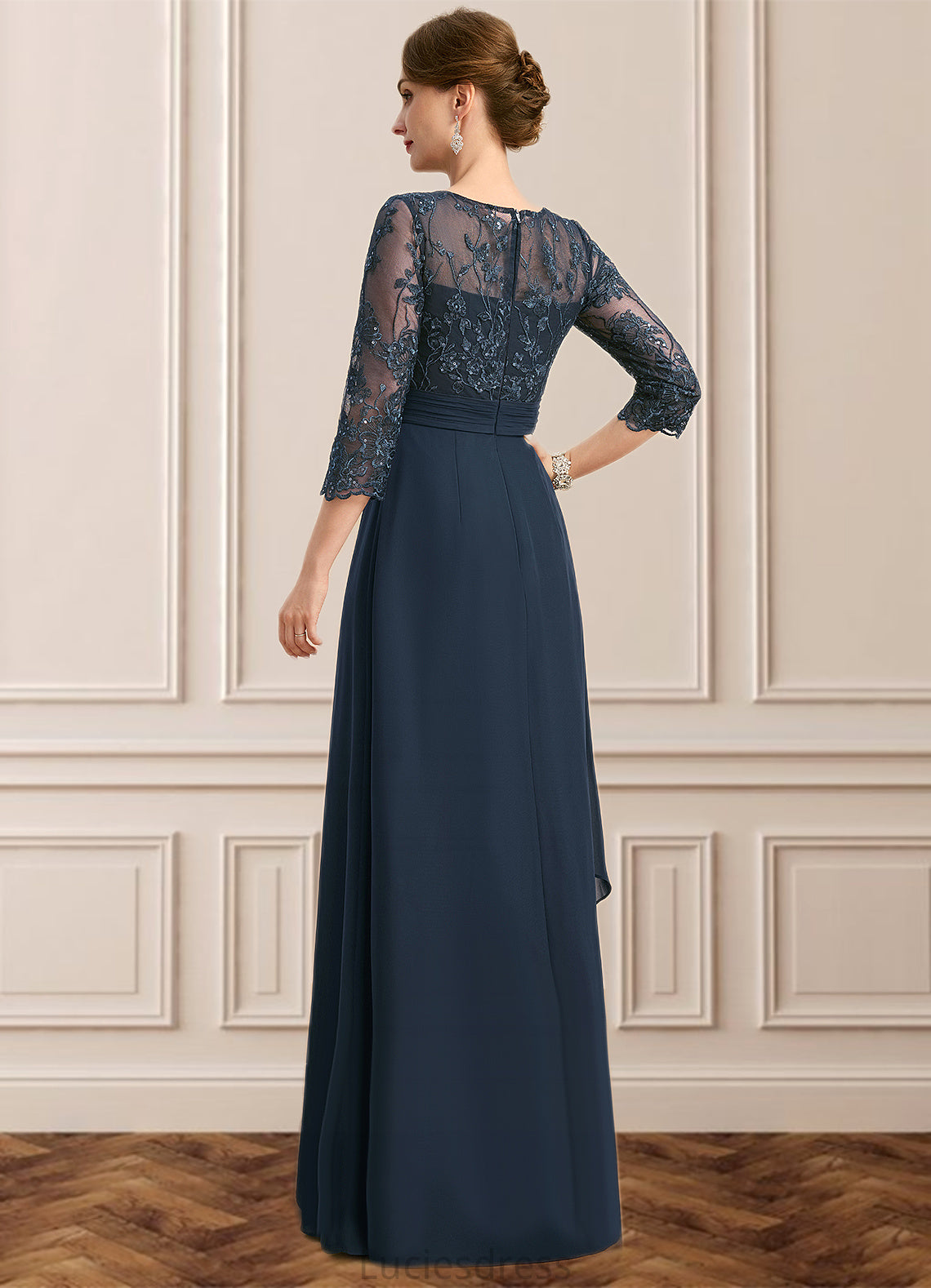 Selah A-line Scoop Illusion Floor-Length Chiffon Lace Mother of the Bride Dress With Pleated Sequins HFP0021754