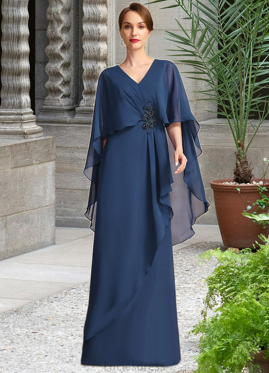 Marisol A-line V-Neck Floor-Length Chiffon Mother of the Bride Dress With Beading Cascading Ruffles HFP0021766