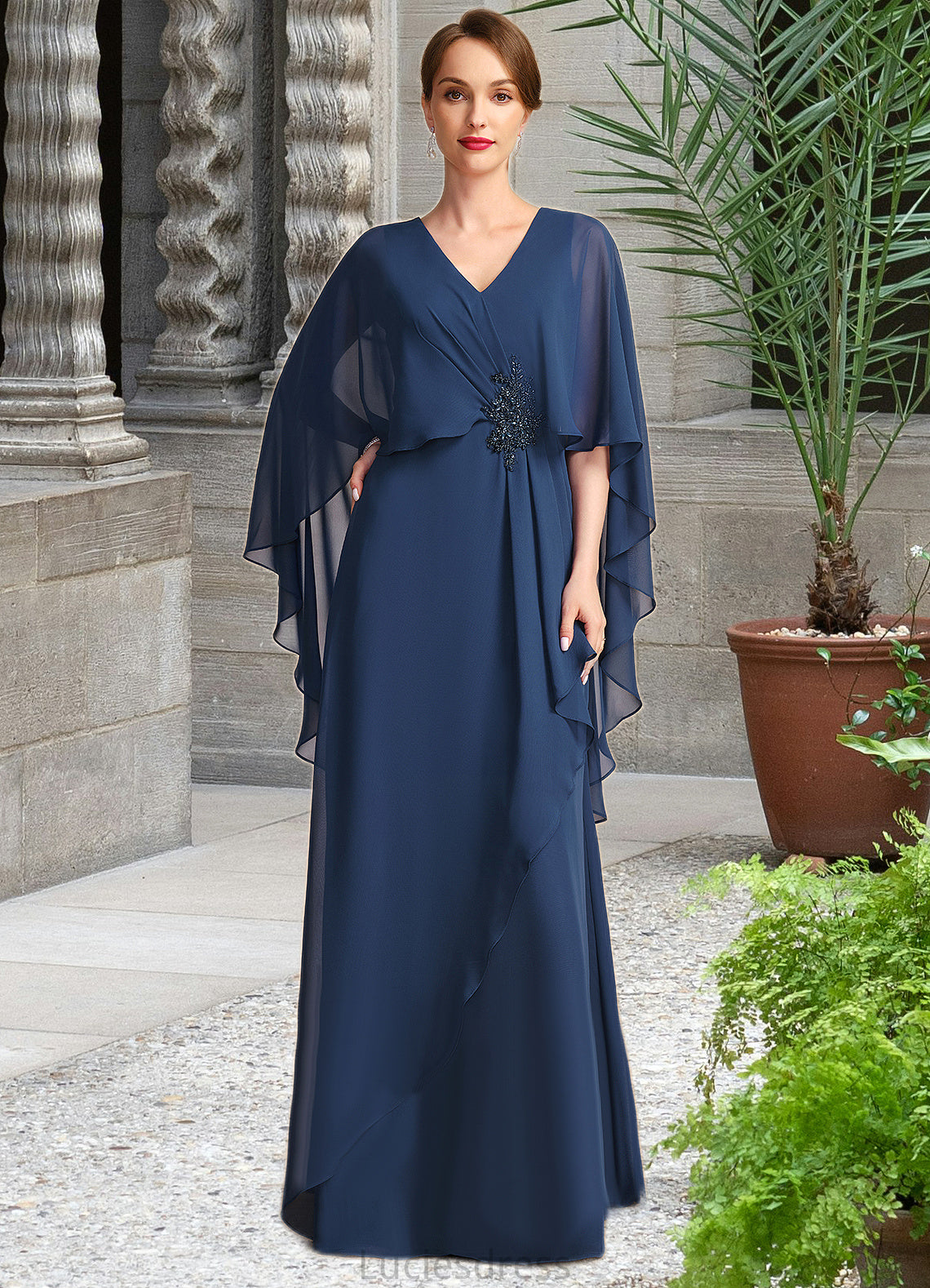 Marisol A-line V-Neck Floor-Length Chiffon Mother of the Bride Dress With Beading Cascading Ruffles HFP0021766