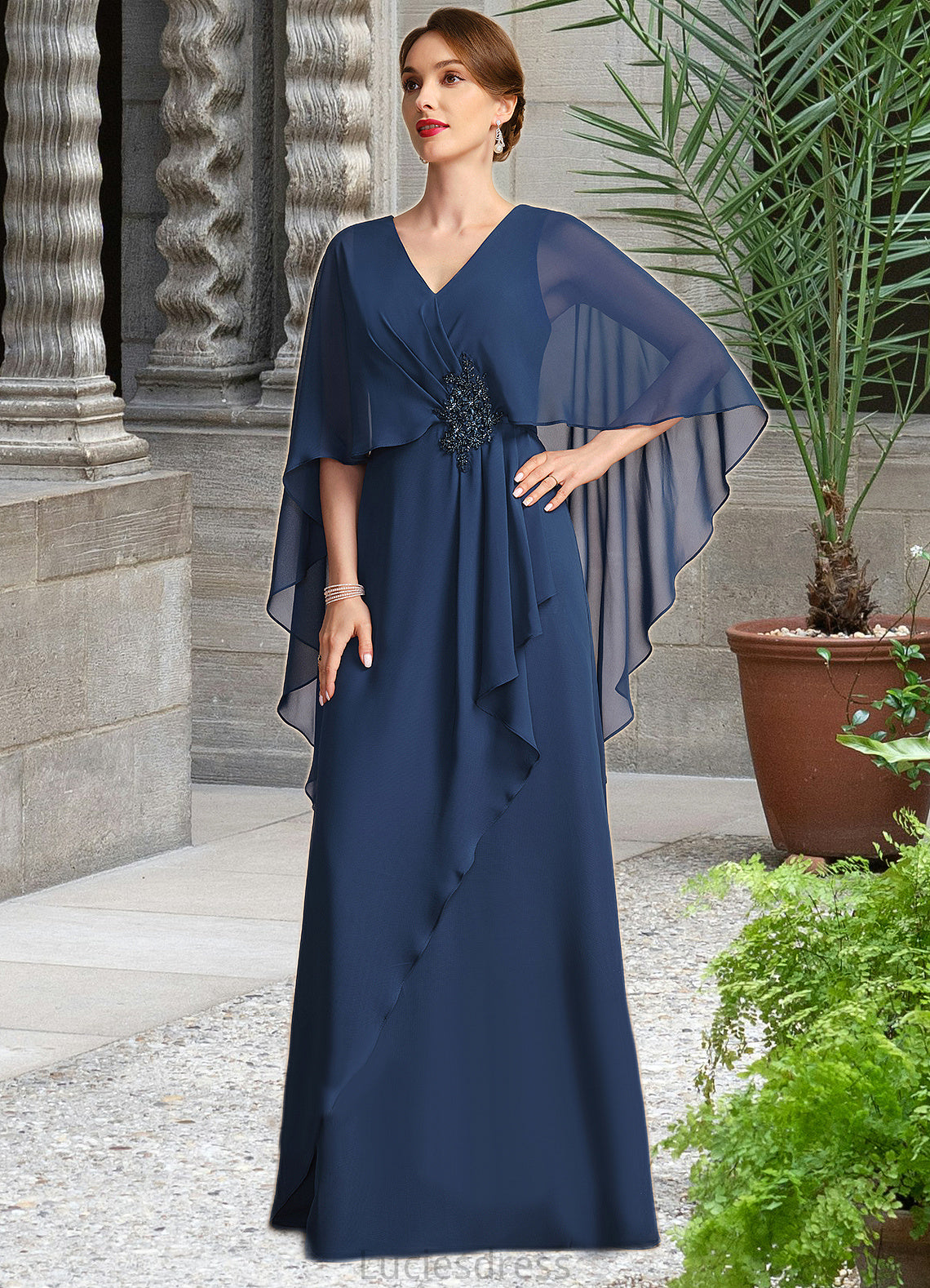 Marisol A-line V-Neck Floor-Length Chiffon Mother of the Bride Dress With Beading Cascading Ruffles HFP0021766