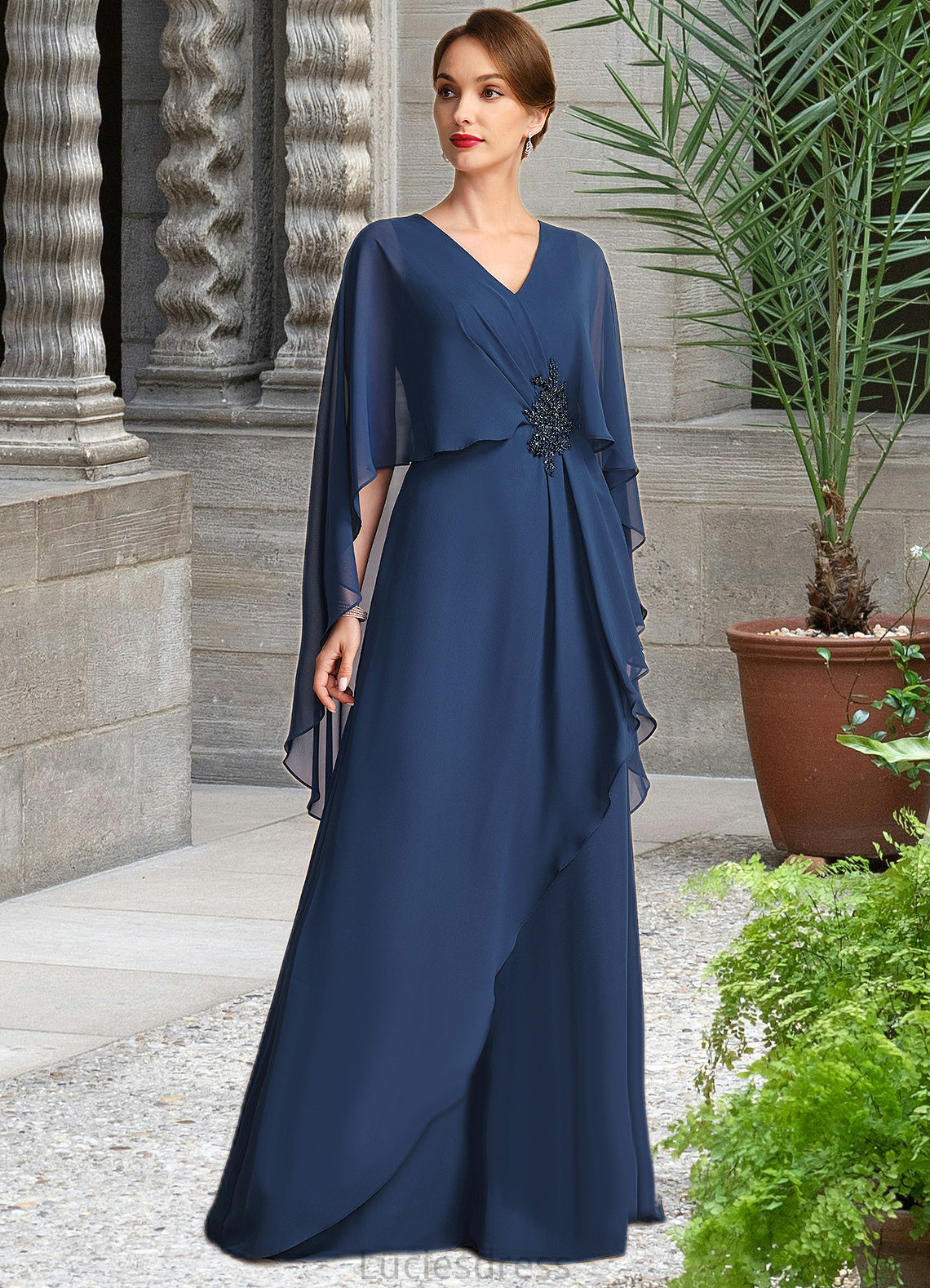 Marisol A-line V-Neck Floor-Length Chiffon Mother of the Bride Dress With Beading Cascading Ruffles HFP0021766