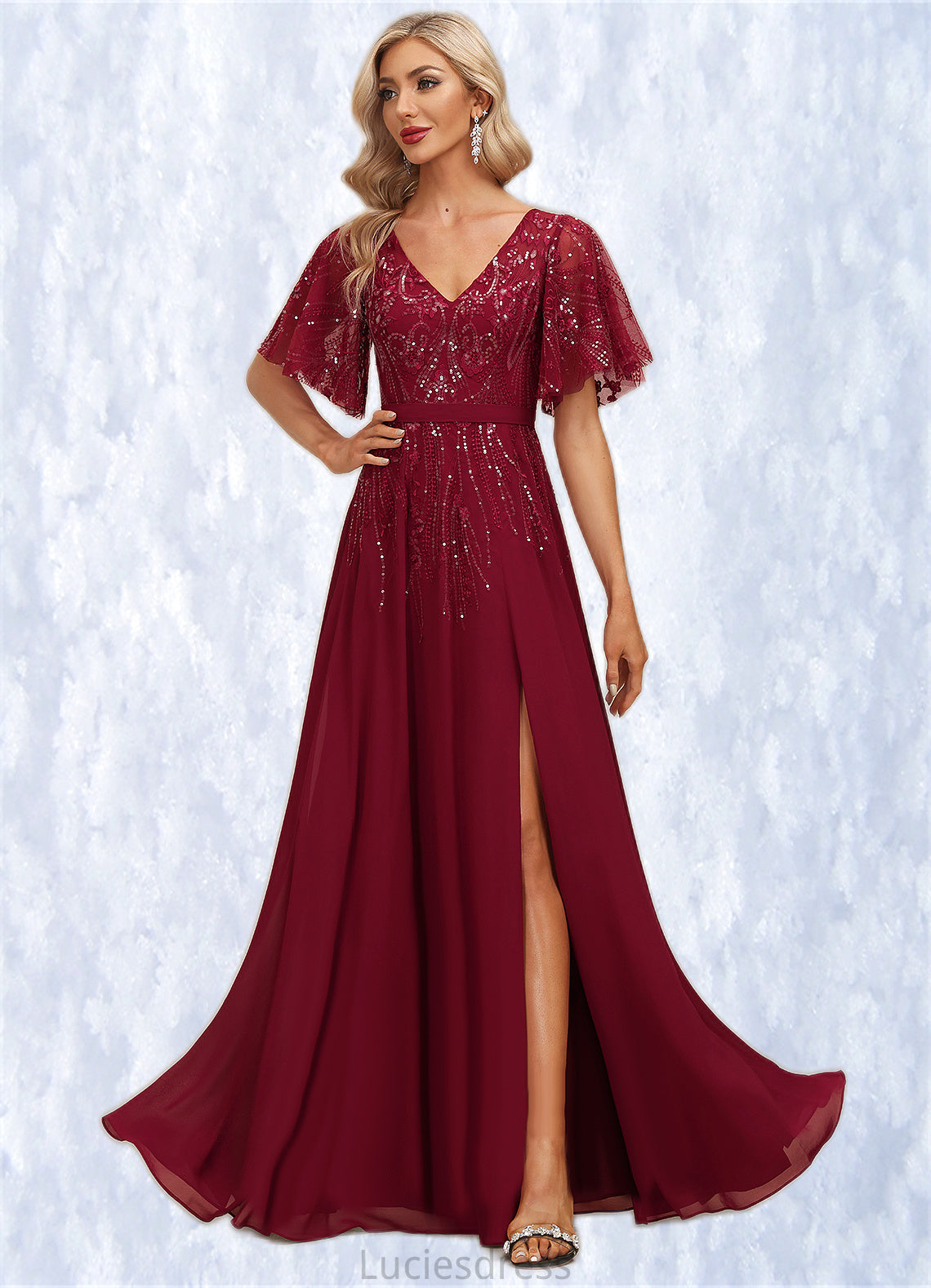 Jillian A-line V-Neck Floor-Length Chiffon Lace Mother of the Bride Dress With Sequins HFP0021767