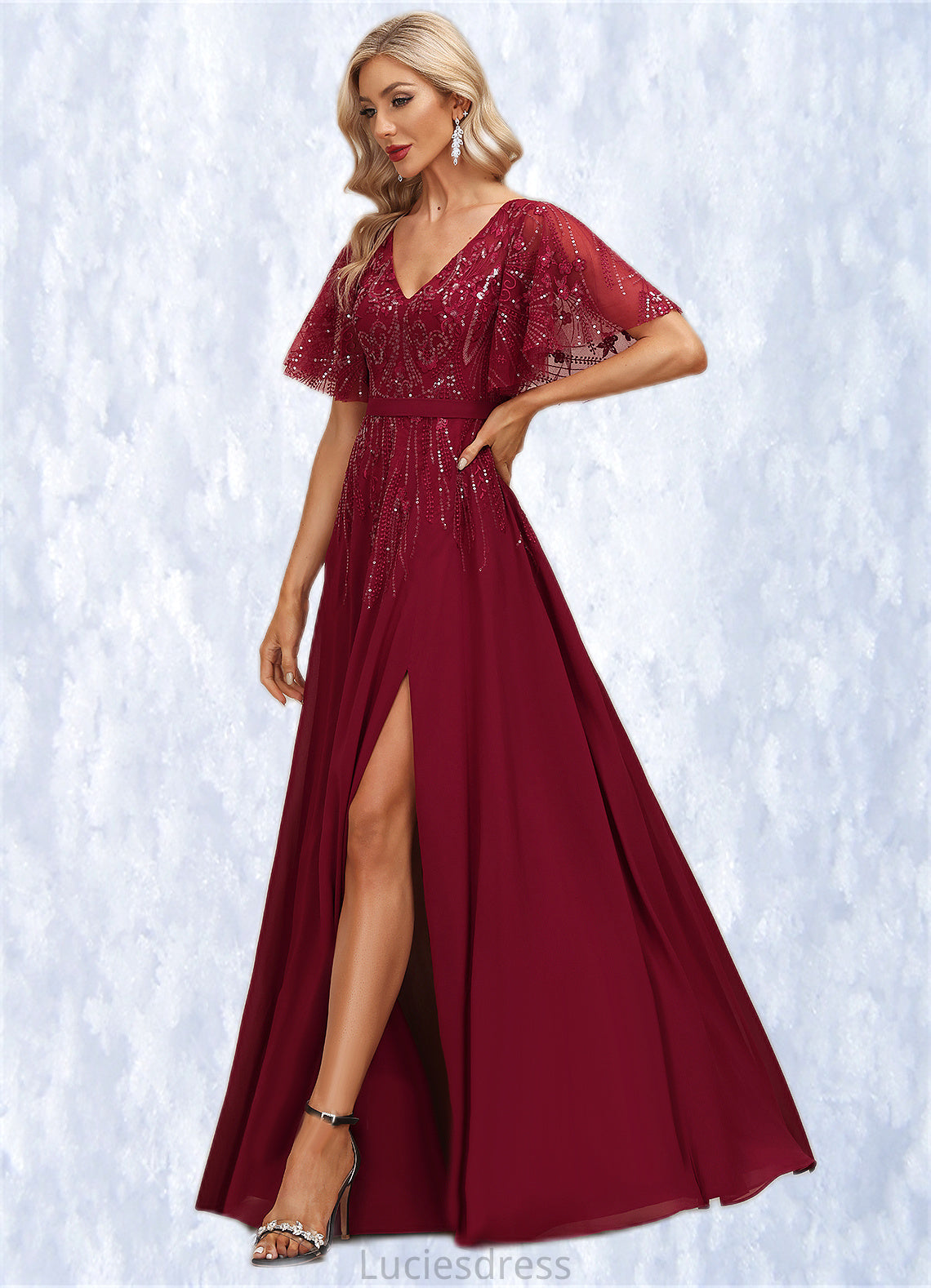 Jillian A-line V-Neck Floor-Length Chiffon Lace Mother of the Bride Dress With Sequins HFP0021767