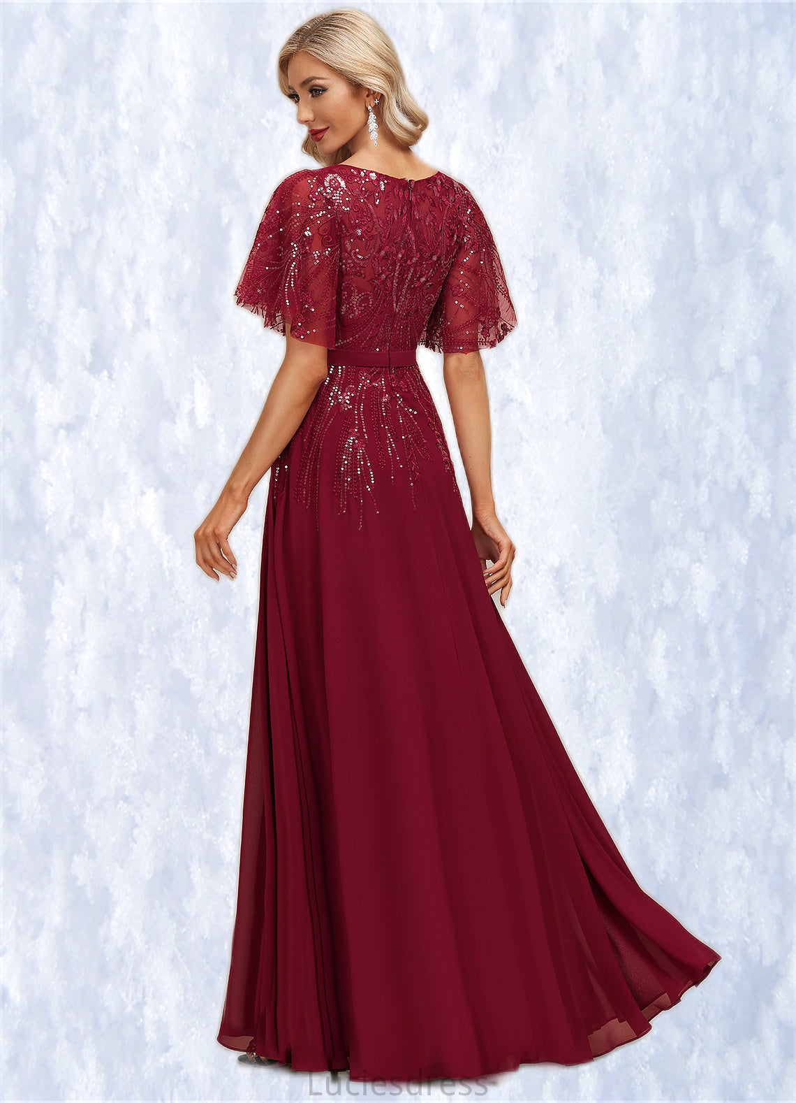 Jillian A-line V-Neck Floor-Length Chiffon Lace Mother of the Bride Dress With Sequins HFP0021767