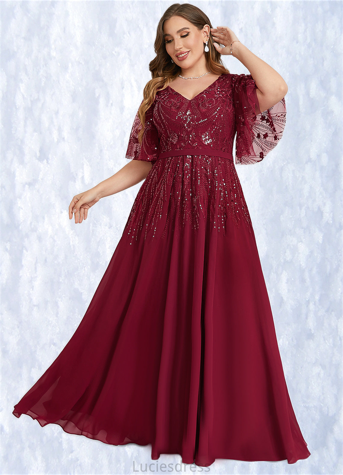 Jillian A-line V-Neck Floor-Length Chiffon Lace Mother of the Bride Dress With Sequins HFP0021767