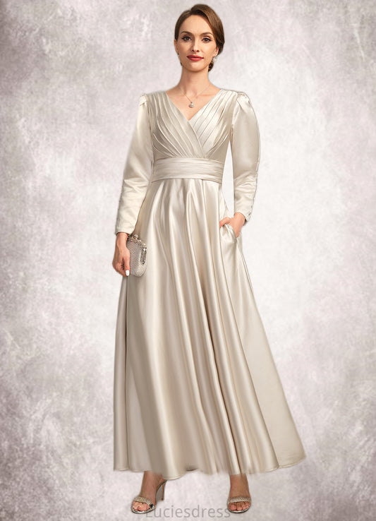 Kaylynn A-line V-Neck Ankle-Length Satin Mother of the Bride Dress With Pleated HFP0021768