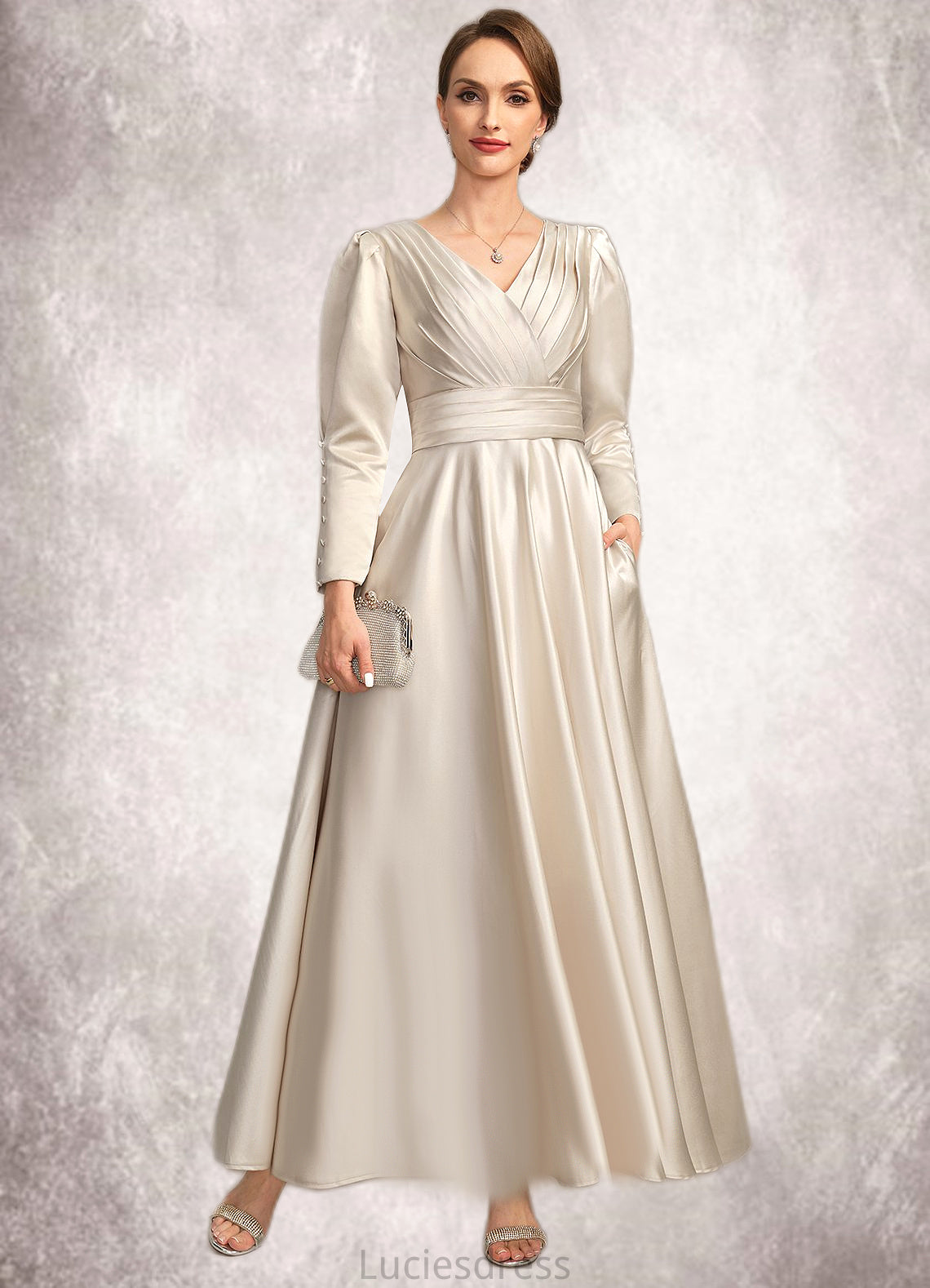 Kaylynn A-line V-Neck Ankle-Length Satin Mother of the Bride Dress With Pleated HFP0021768