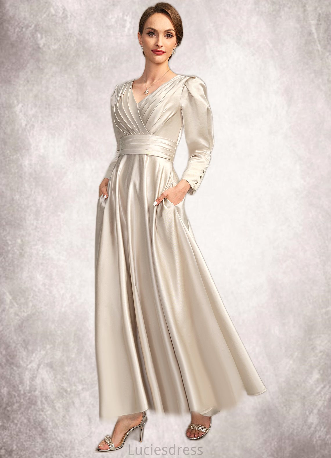 Kaylynn A-line V-Neck Ankle-Length Satin Mother of the Bride Dress With Pleated HFP0021768