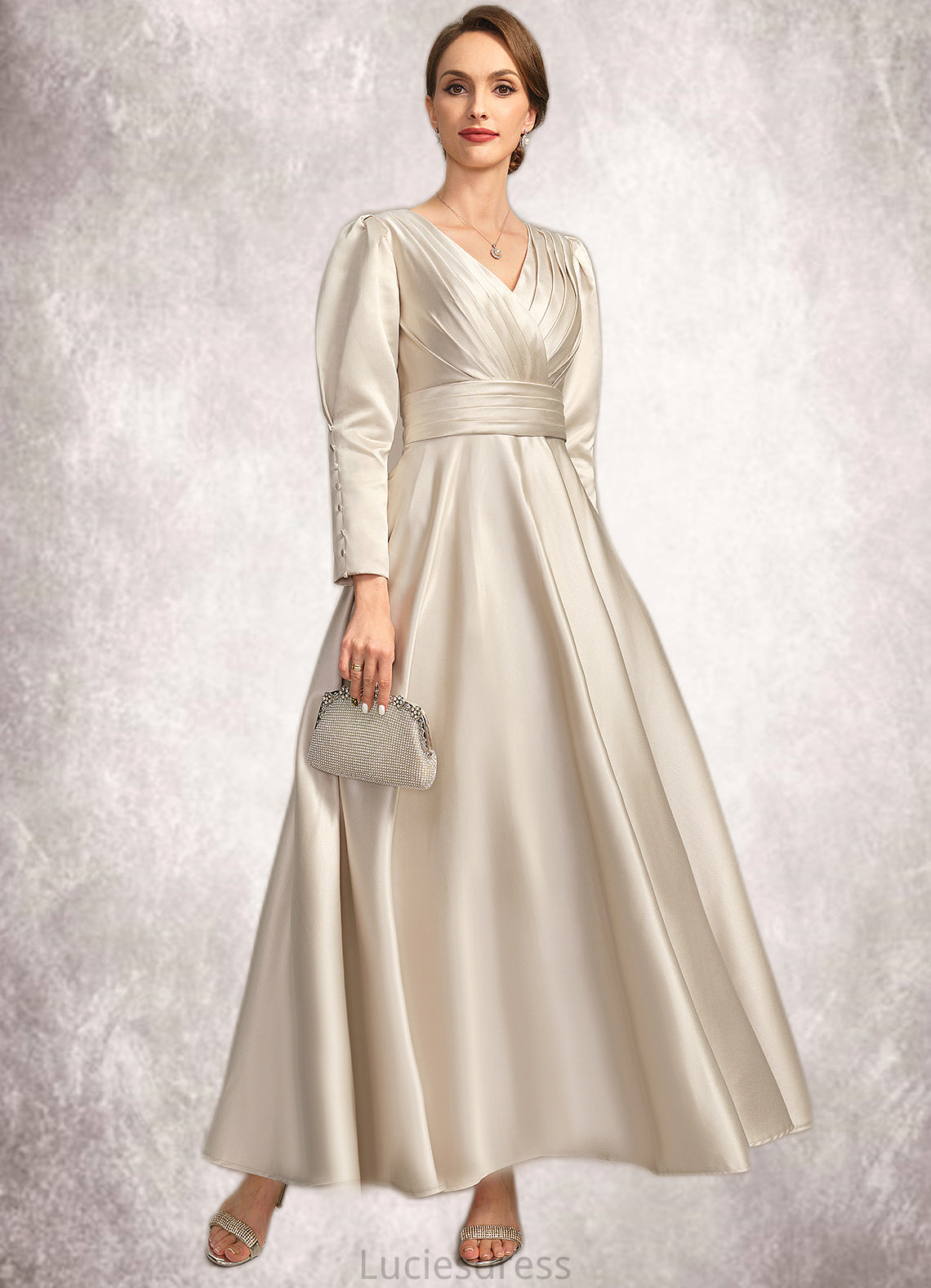 Kaylynn A-line V-Neck Ankle-Length Satin Mother of the Bride Dress With Pleated HFP0021768