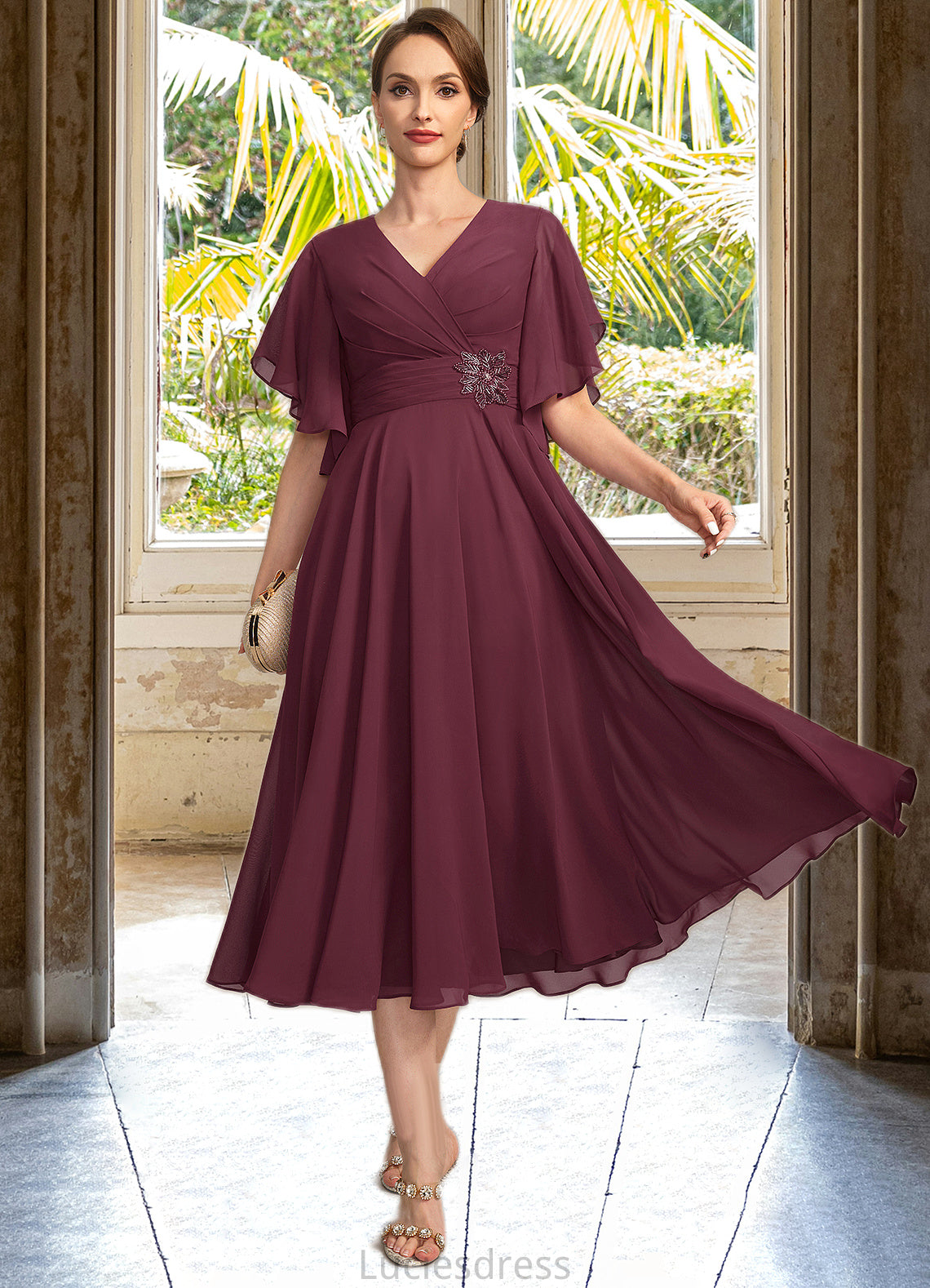 Stephany A-line V-Neck Tea-Length Chiffon Mother of the Bride Dress With Beading Pleated HFP0021774