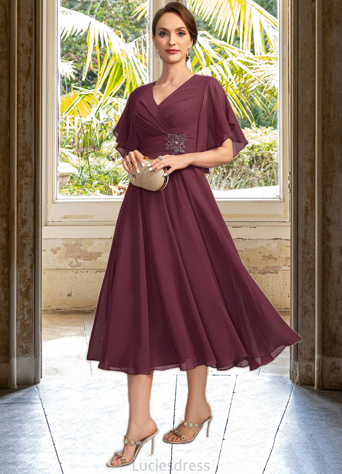 Stephany A-line V-Neck Tea-Length Chiffon Mother of the Bride Dress With Beading Pleated HFP0021774