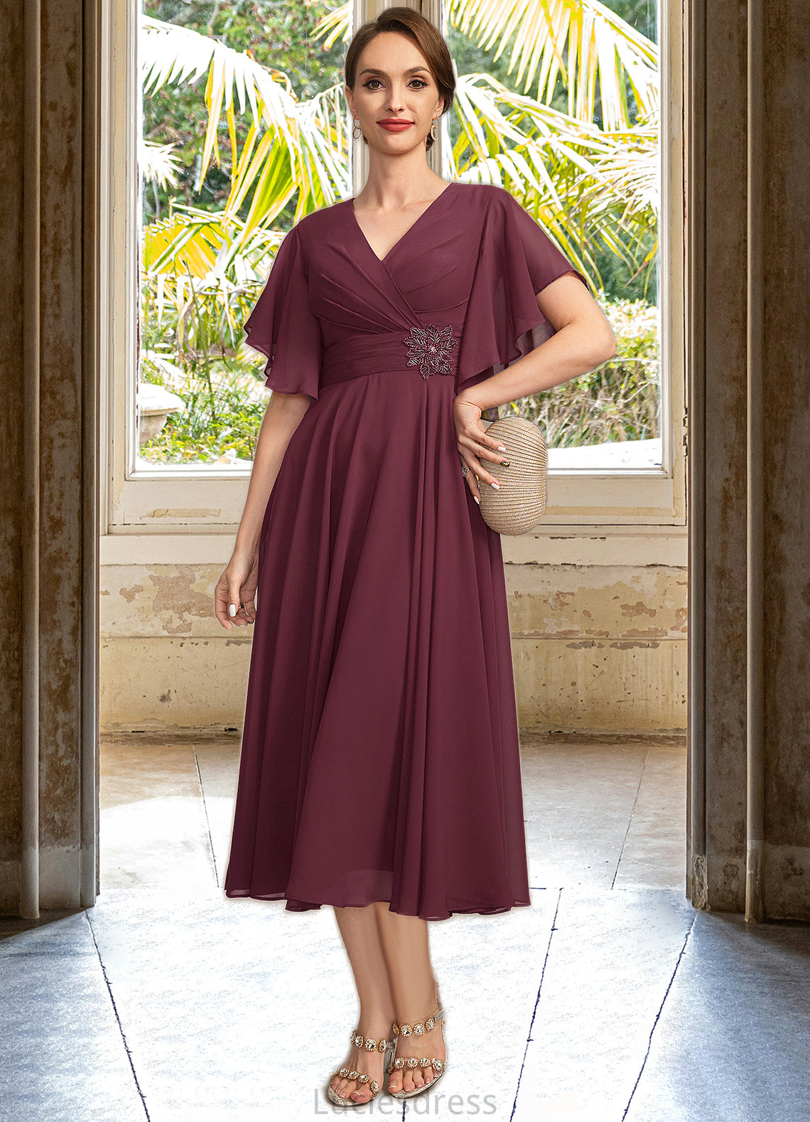 Stephany A-line V-Neck Tea-Length Chiffon Mother of the Bride Dress With Beading Pleated HFP0021774