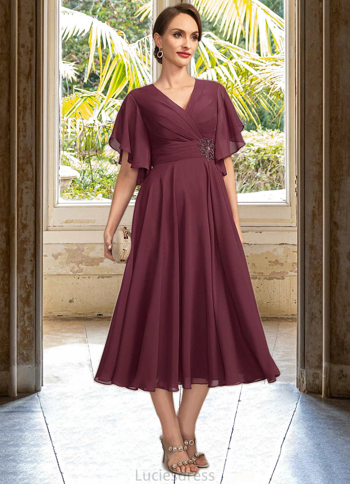 Stephany A-line V-Neck Tea-Length Chiffon Mother of the Bride Dress With Beading Pleated HFP0021774