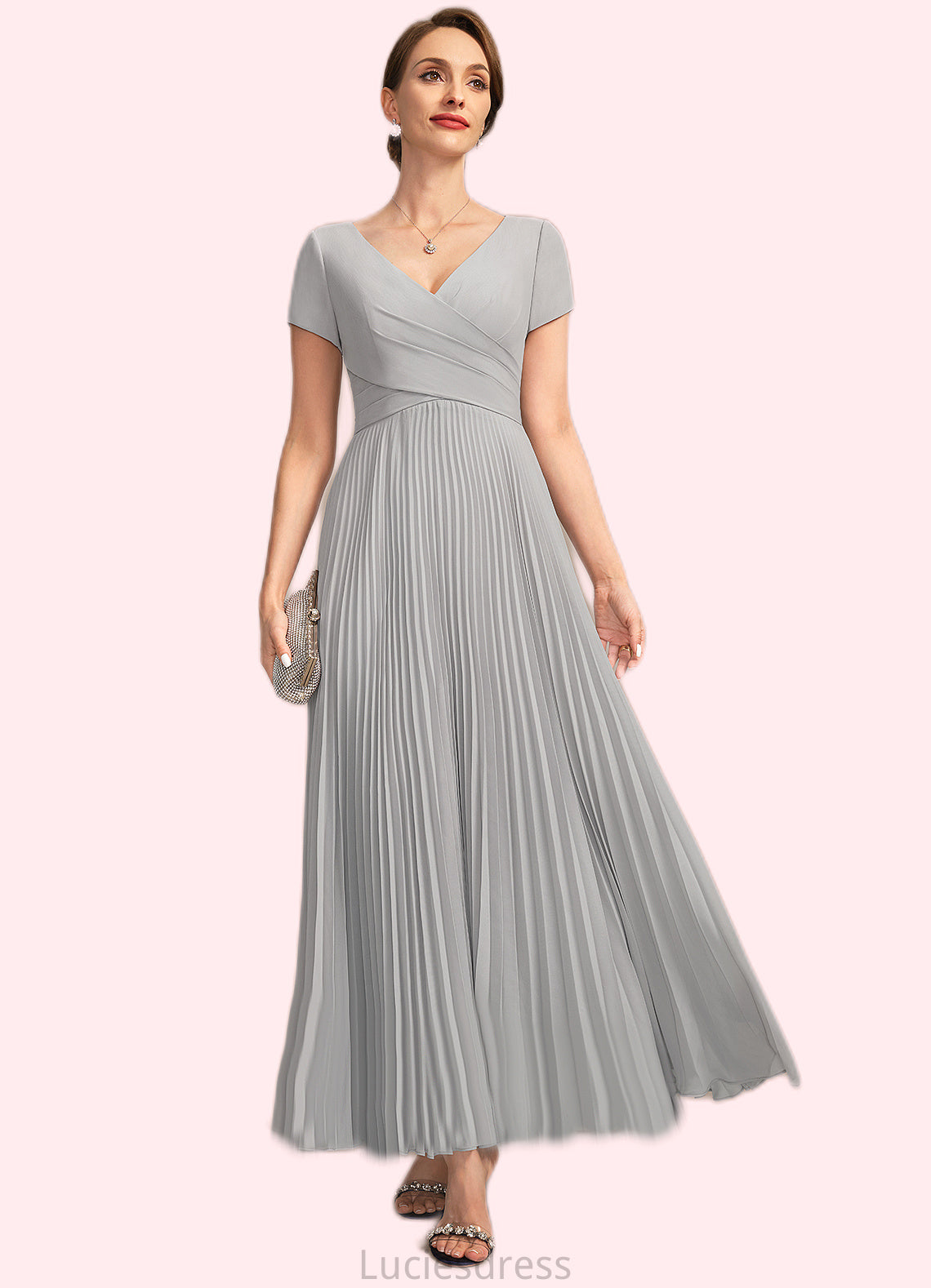 Paisley A-line V-Neck Ankle-Length Chiffon Mother of the Bride Dress With Pleated HFP0021777