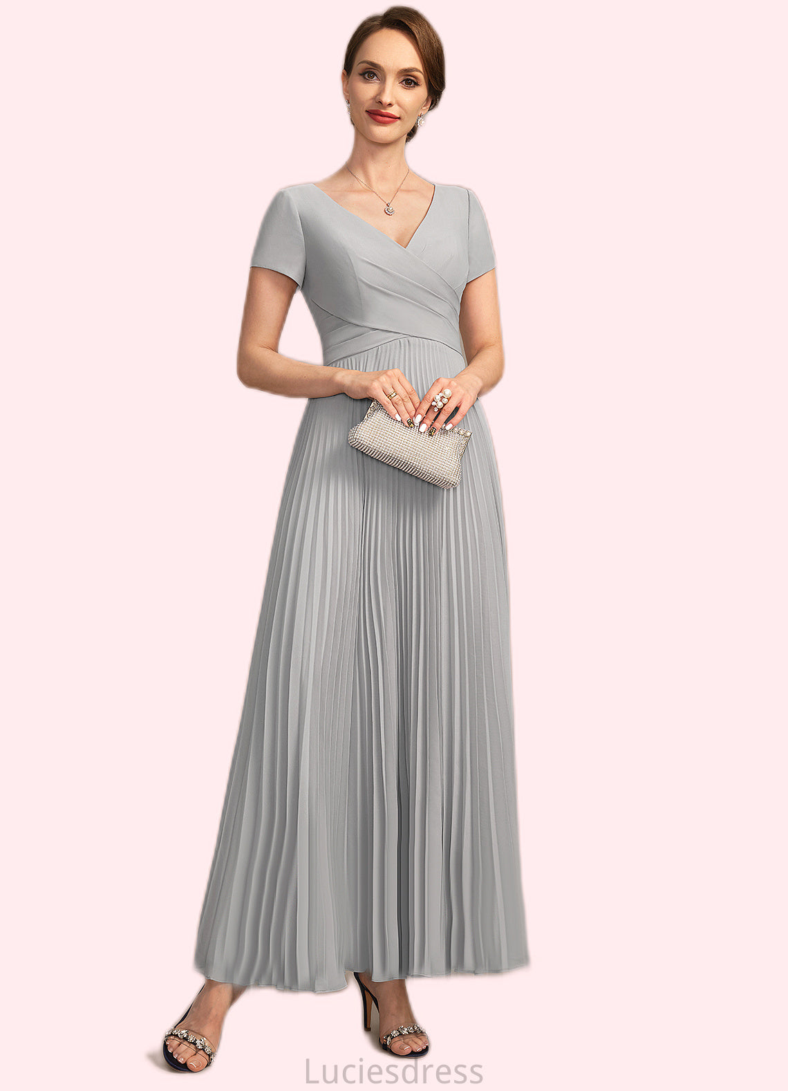 Paisley A-line V-Neck Ankle-Length Chiffon Mother of the Bride Dress With Pleated HFP0021777