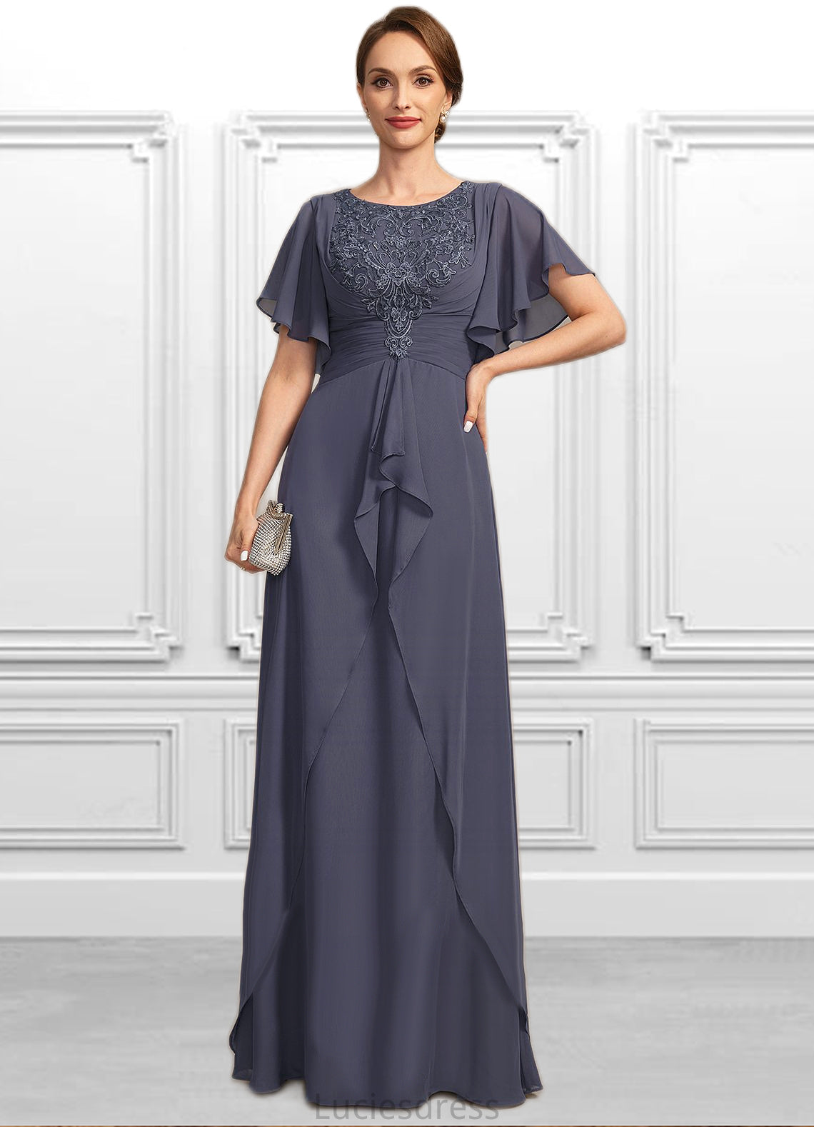 Renata A-line Scoop Floor-Length Chiffon Lace Mother of the Bride Dress With Pleated HFP0021780