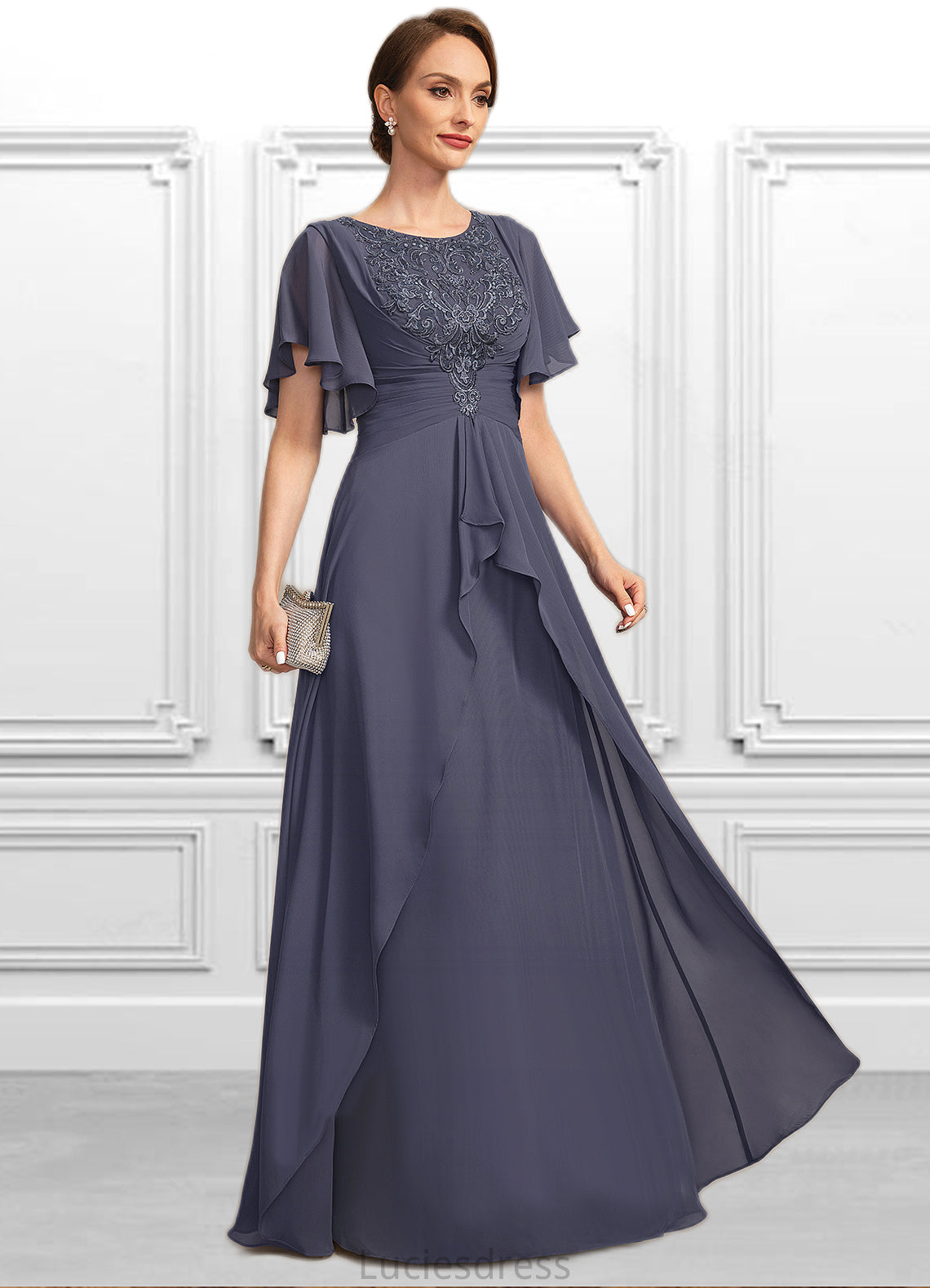 Renata A-line Scoop Floor-Length Chiffon Lace Mother of the Bride Dress With Pleated HFP0021780