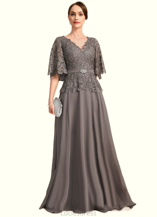 Maren A-line V-Neck Floor-Length Chiffon Lace Mother of the Bride Dress With Rhinestone Crystal Brooch HFP0021782