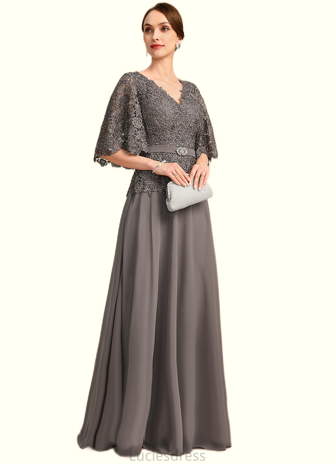 Maren A-line V-Neck Floor-Length Chiffon Lace Mother of the Bride Dress With Rhinestone Crystal Brooch HFP0021782