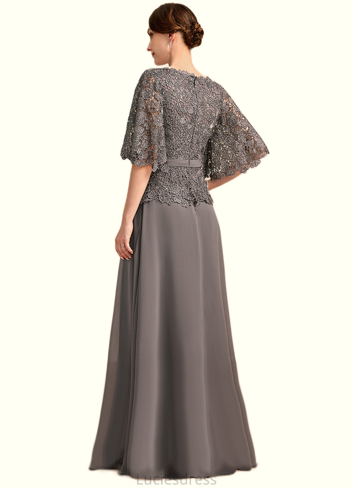 Maren A-line V-Neck Floor-Length Chiffon Lace Mother of the Bride Dress With Rhinestone Crystal Brooch HFP0021782