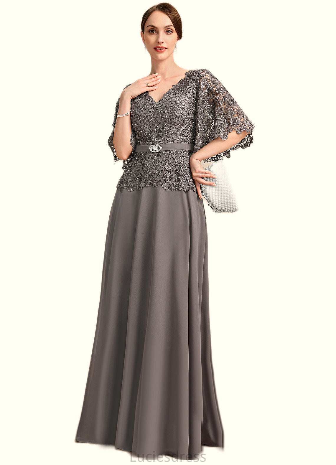 Maren A-line V-Neck Floor-Length Chiffon Lace Mother of the Bride Dress With Rhinestone Crystal Brooch HFP0021782