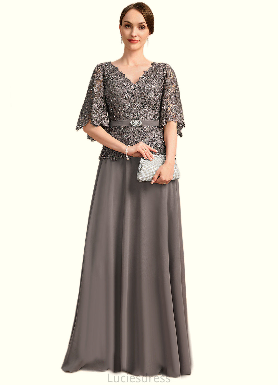 Maren A-line V-Neck Floor-Length Chiffon Lace Mother of the Bride Dress With Rhinestone Crystal Brooch HFP0021782