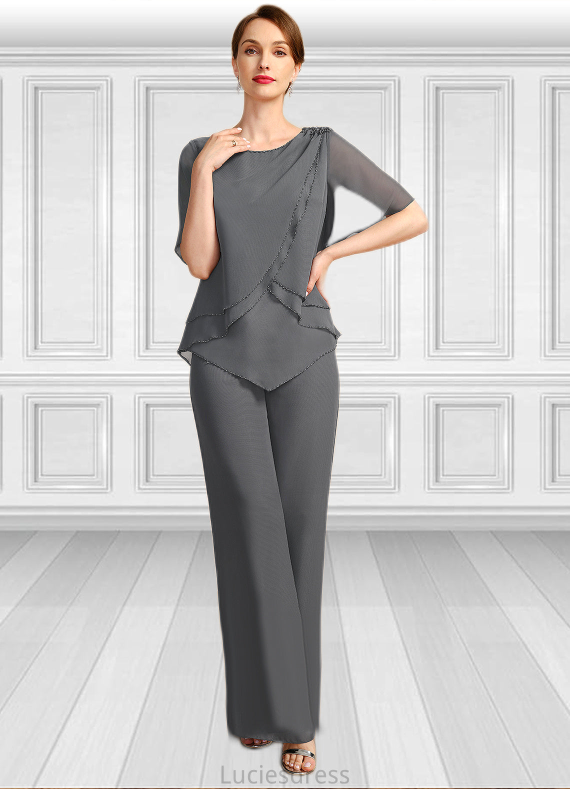 Madisyn Jumpsuit/Pantsuit Separates Scoop Floor-Length Chiffon Mother of the Bride Dress With Beading HFP0021783