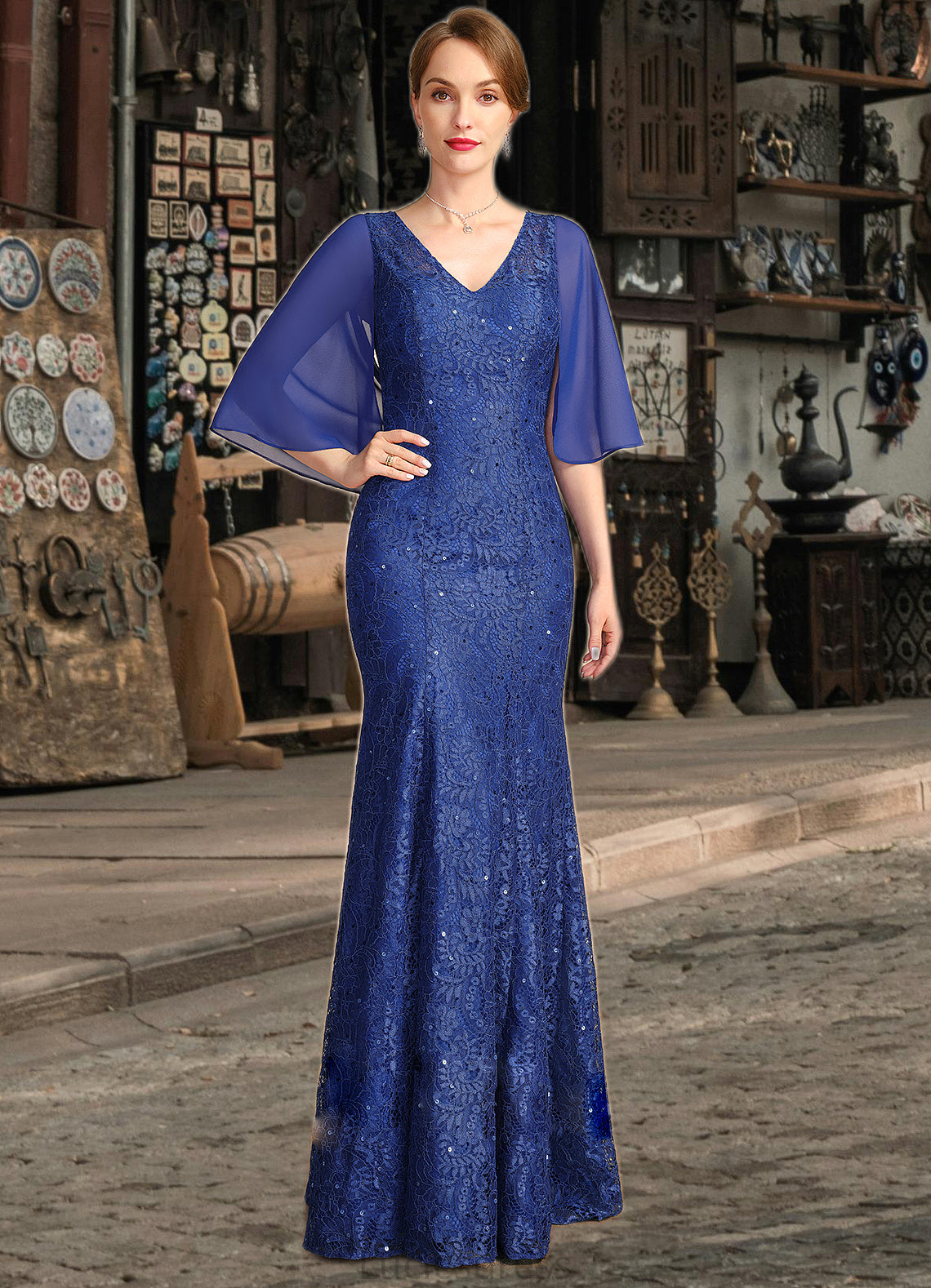 Kiara Trumpet/Mermaid V-Neck Floor-Length Chiffon Lace Mother of the Bride Dress With Sequins HFP0021795