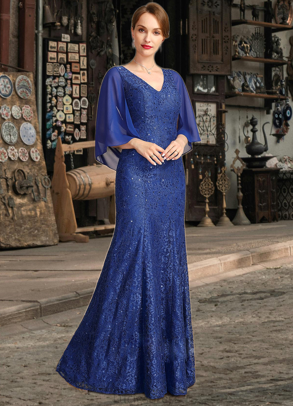 Kiara Trumpet/Mermaid V-Neck Floor-Length Chiffon Lace Mother of the Bride Dress With Sequins HFP0021795