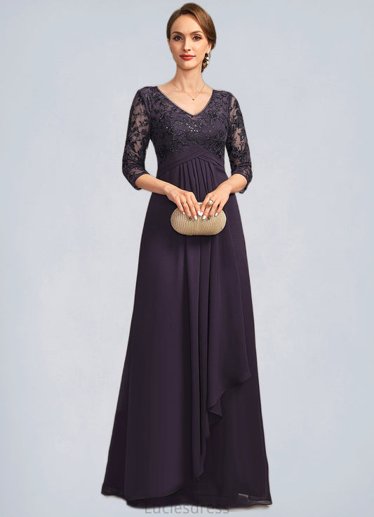 Payton A-line V-Neck Floor-Length Chiffon Lace Mother of the Bride Dress With Cascading Ruffles Sequins HFP0021796