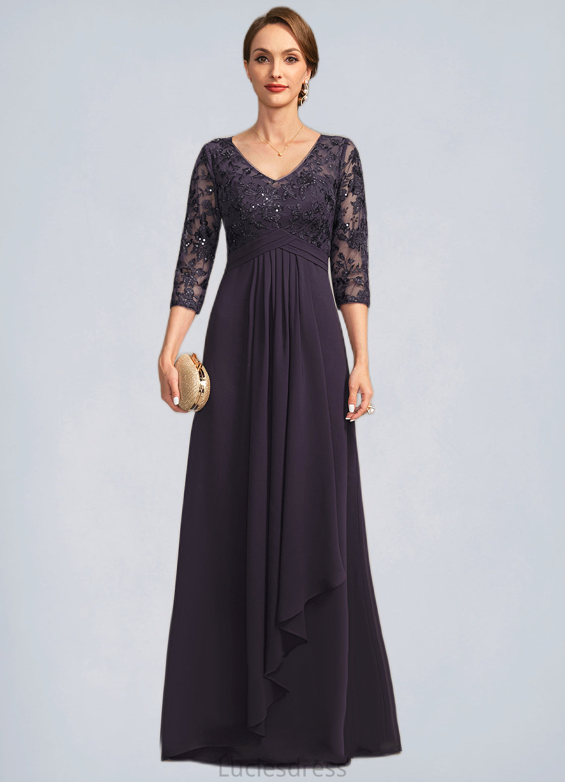 Payton A-line V-Neck Floor-Length Chiffon Lace Mother of the Bride Dress With Cascading Ruffles Sequins HFP0021796