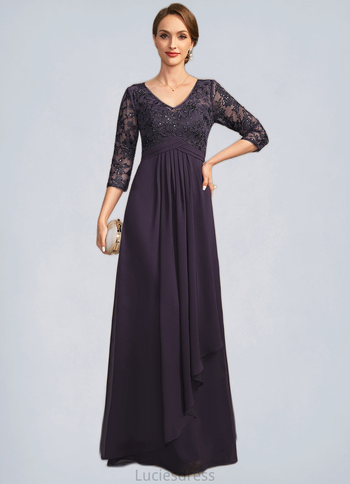 Payton A-line V-Neck Floor-Length Chiffon Lace Mother of the Bride Dress With Cascading Ruffles Sequins HFP0021796