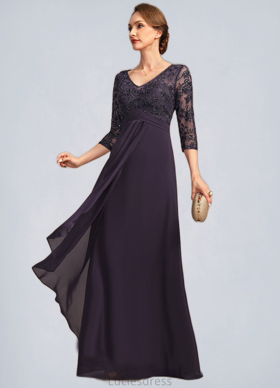 Payton A-line V-Neck Floor-Length Chiffon Lace Mother of the Bride Dress With Cascading Ruffles Sequins HFP0021796