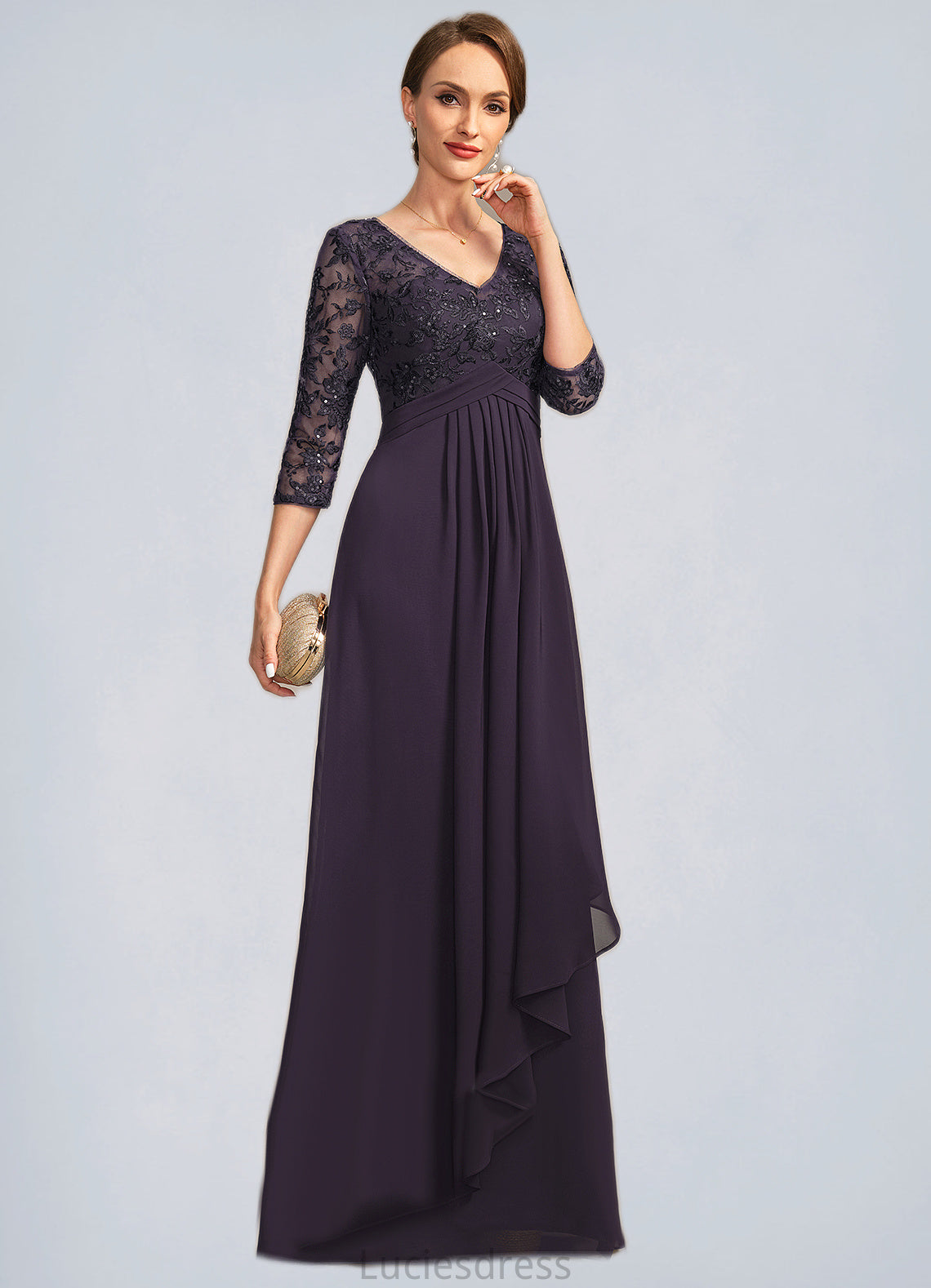 Payton A-line V-Neck Floor-Length Chiffon Lace Mother of the Bride Dress With Cascading Ruffles Sequins HFP0021796