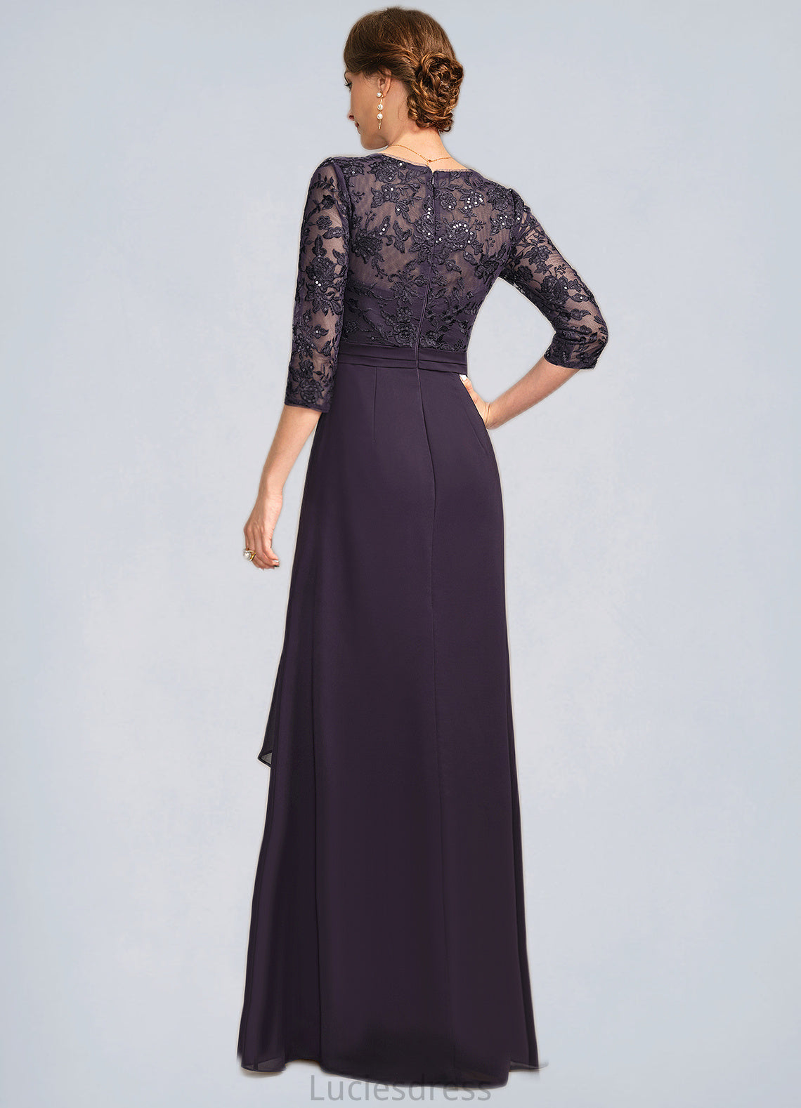 Payton A-line V-Neck Floor-Length Chiffon Lace Mother of the Bride Dress With Cascading Ruffles Sequins HFP0021796