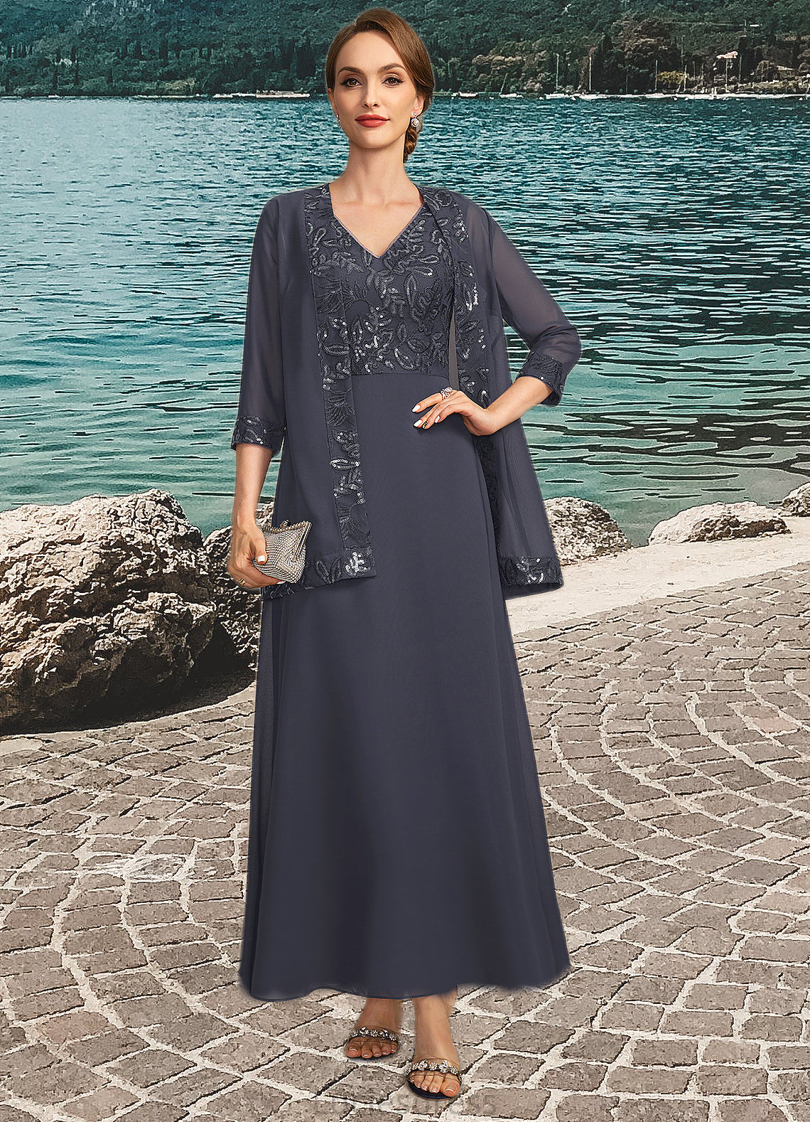 Peyton A-line V-Neck Ankle-Length Chiffon Lace Sequin Mother of the Bride Dress HFP0021798