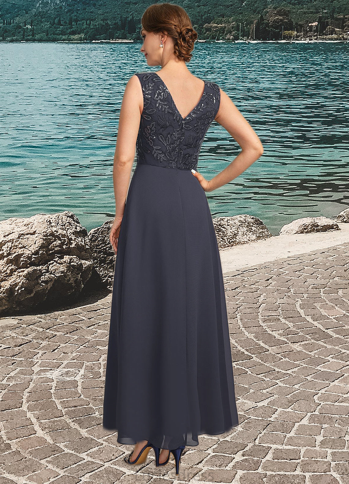 Peyton A-line V-Neck Ankle-Length Chiffon Lace Sequin Mother of the Bride Dress HFP0021798