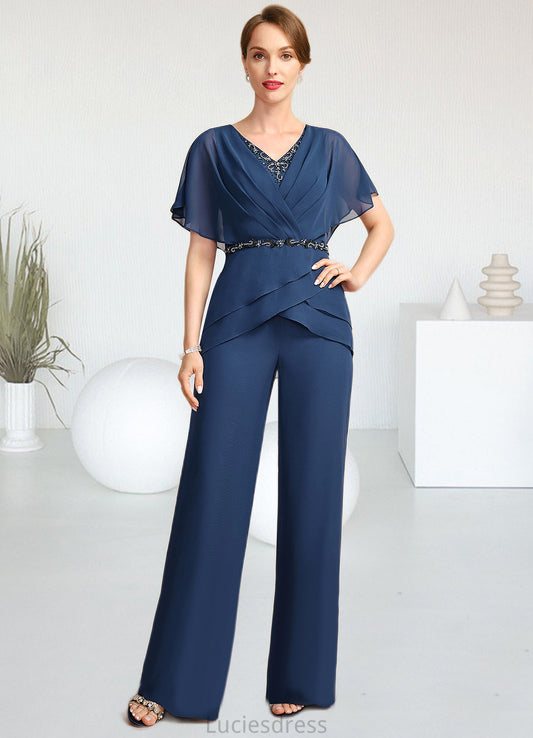 Laylah Jumpsuit/Pantsuit Separates V-Neck Floor-Length Chiffon Mother of the Bride Dress With Beading Pleated Sequins HFP0021800