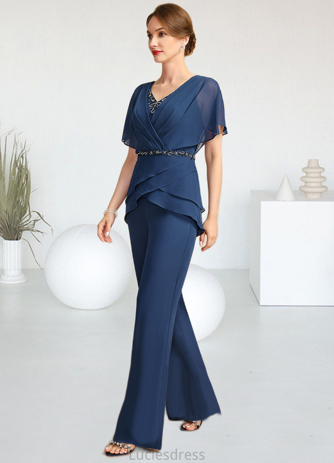 Laylah Jumpsuit/Pantsuit Separates V-Neck Floor-Length Chiffon Mother of the Bride Dress With Beading Pleated Sequins HFP0021800