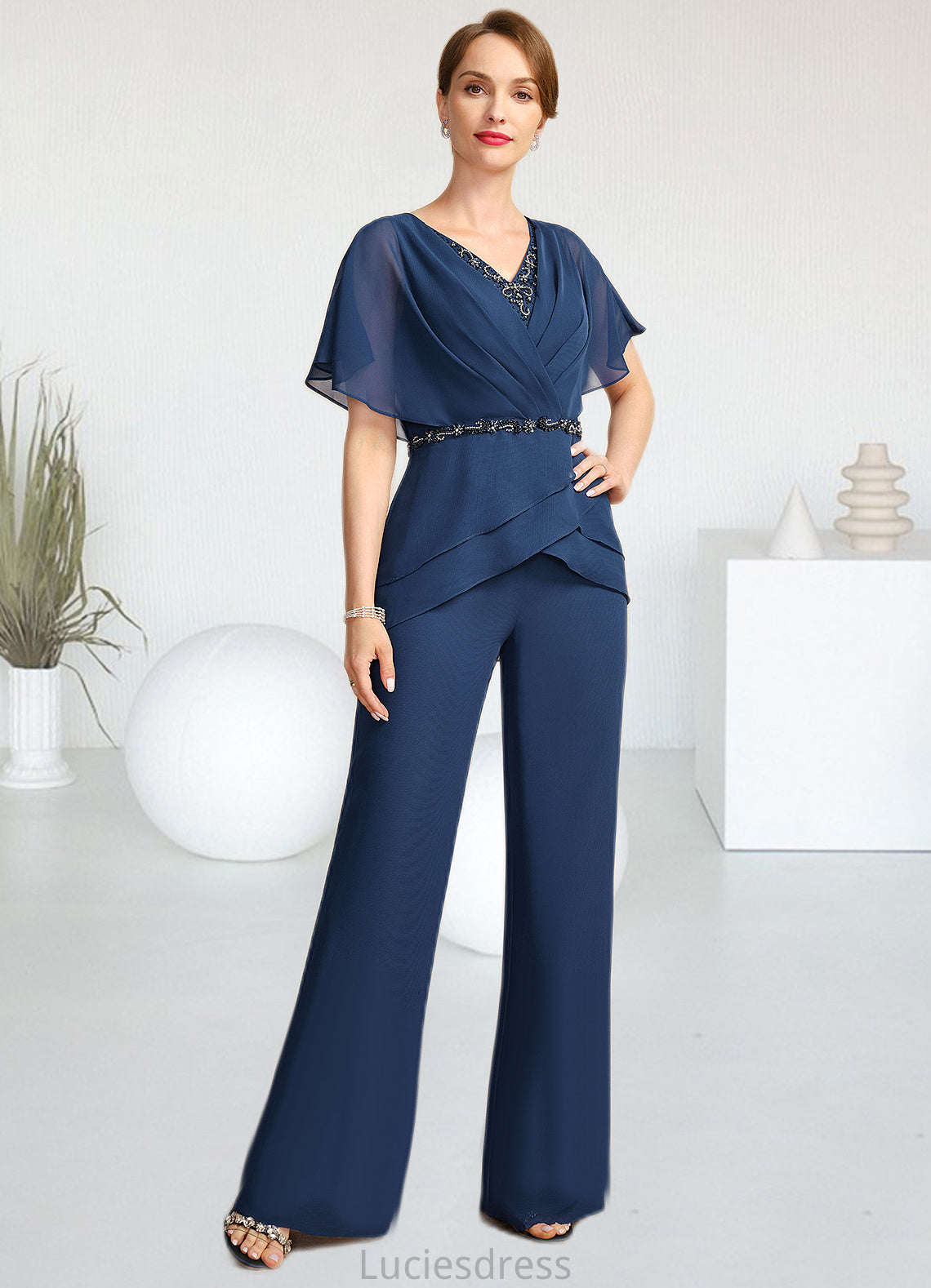 Laylah Jumpsuit/Pantsuit Separates V-Neck Floor-Length Chiffon Mother of the Bride Dress With Beading Pleated Sequins HFP0021800