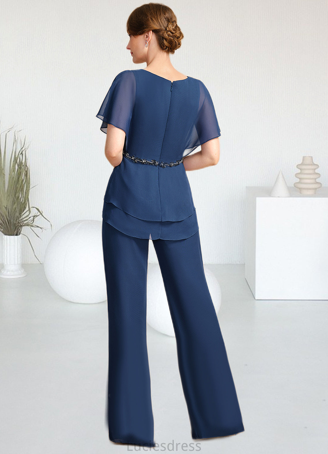 Laylah Jumpsuit/Pantsuit Separates V-Neck Floor-Length Chiffon Mother of the Bride Dress With Beading Pleated Sequins HFP0021800