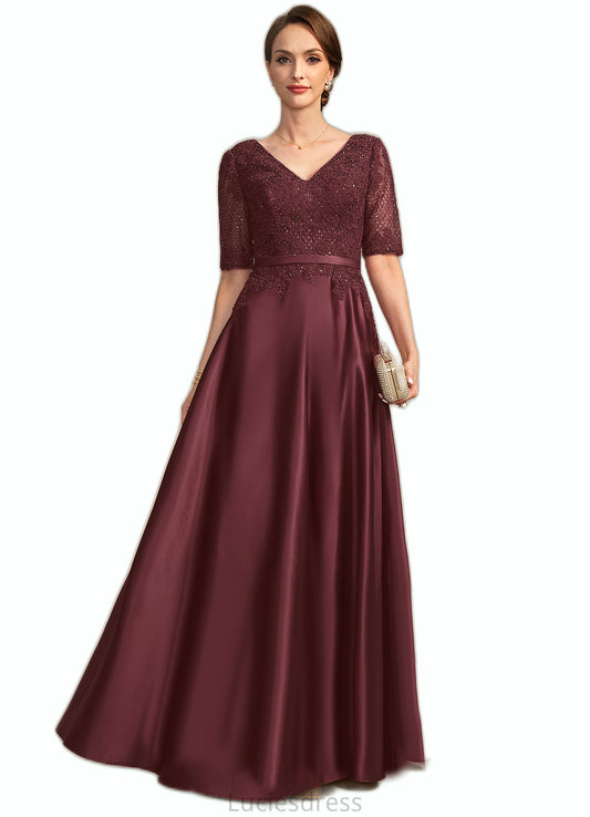 Helen A-line V-Neck Floor-Length Lace Satin Mother of the Bride Dress With Sequins HFP0021803