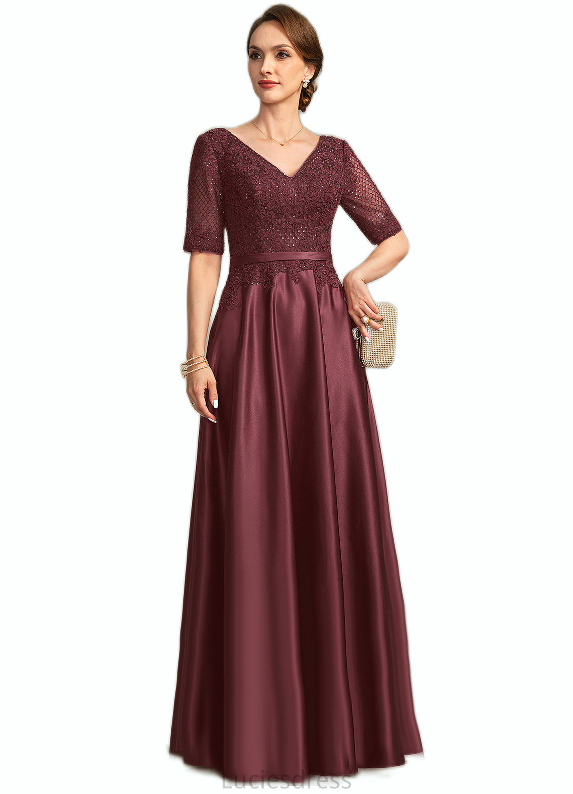 Helen A-line V-Neck Floor-Length Lace Satin Mother of the Bride Dress With Sequins HFP0021803