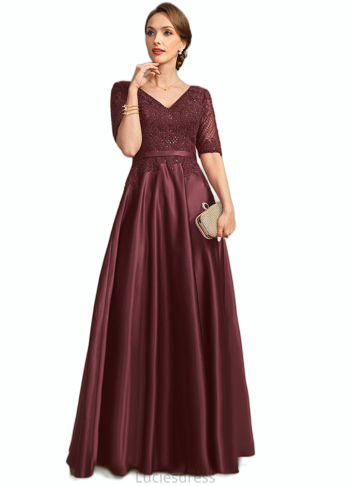 Helen A-line V-Neck Floor-Length Lace Satin Mother of the Bride Dress With Sequins HFP0021803