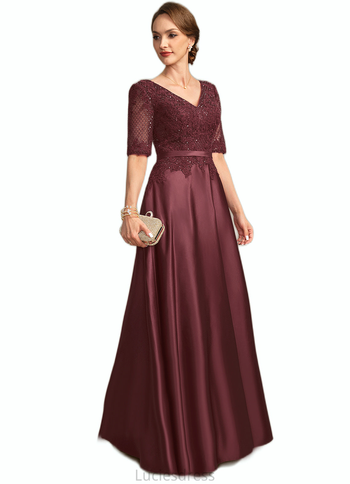 Helen A-line V-Neck Floor-Length Lace Satin Mother of the Bride Dress With Sequins HFP0021803