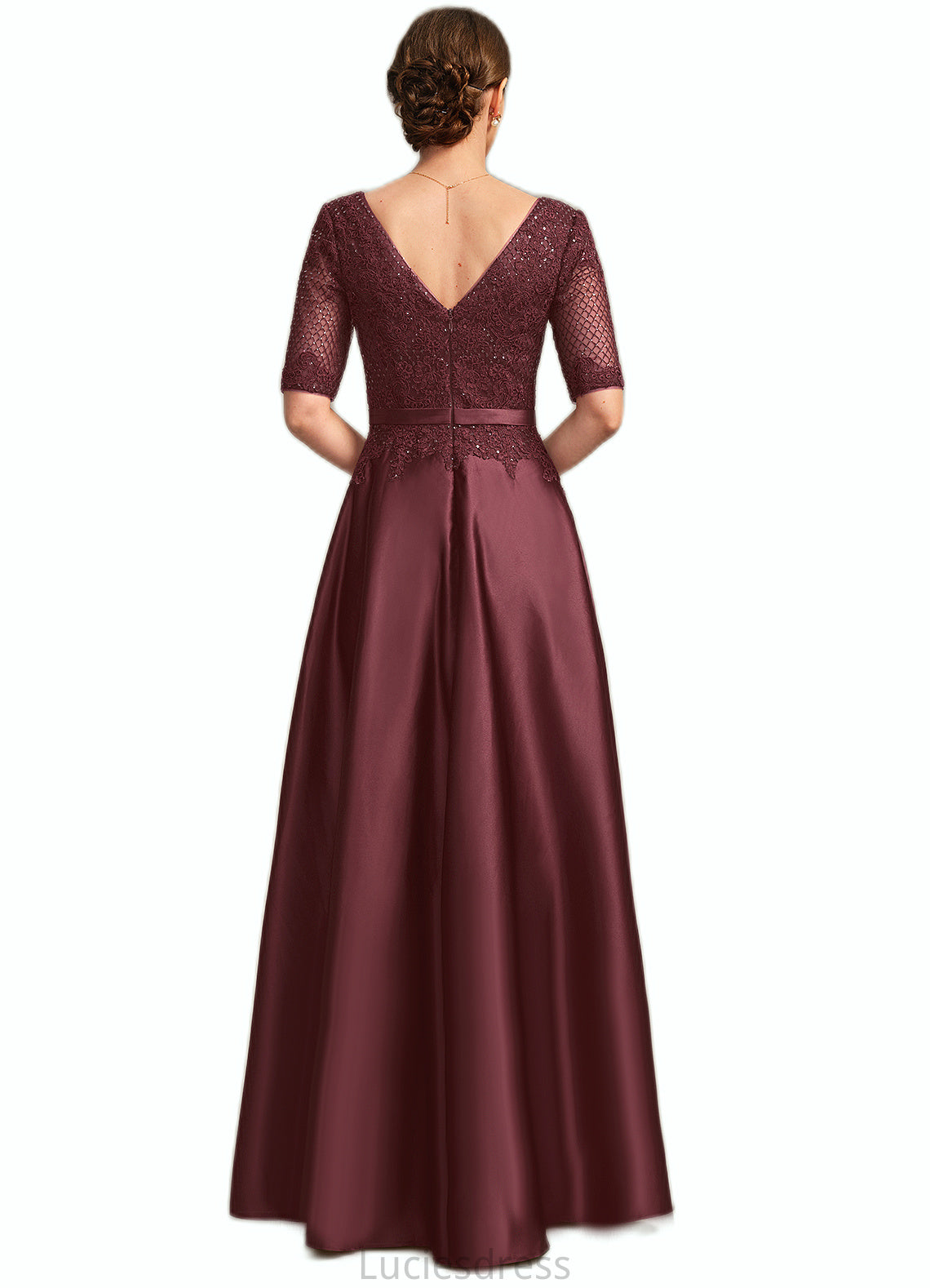 Helen A-line V-Neck Floor-Length Lace Satin Mother of the Bride Dress With Sequins HFP0021803