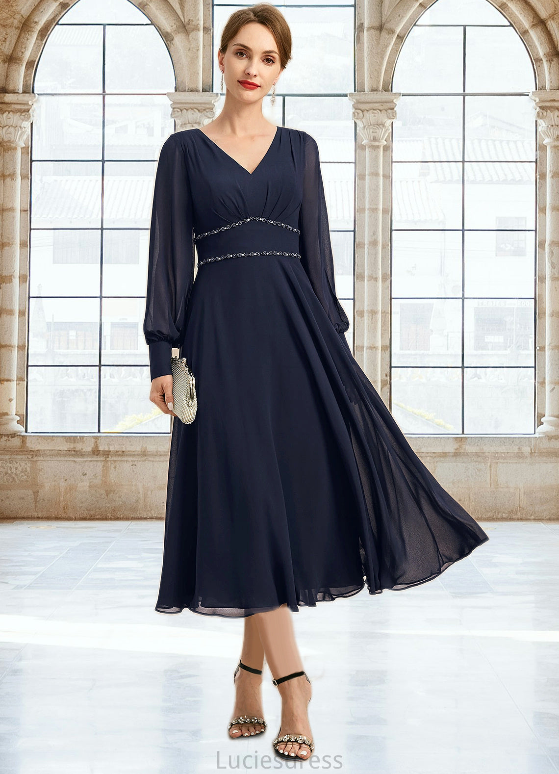 Ashlynn A-line V-Neck Tea-Length Chiffon Mother of the Bride Dress With Beading Pleated HFP0021804