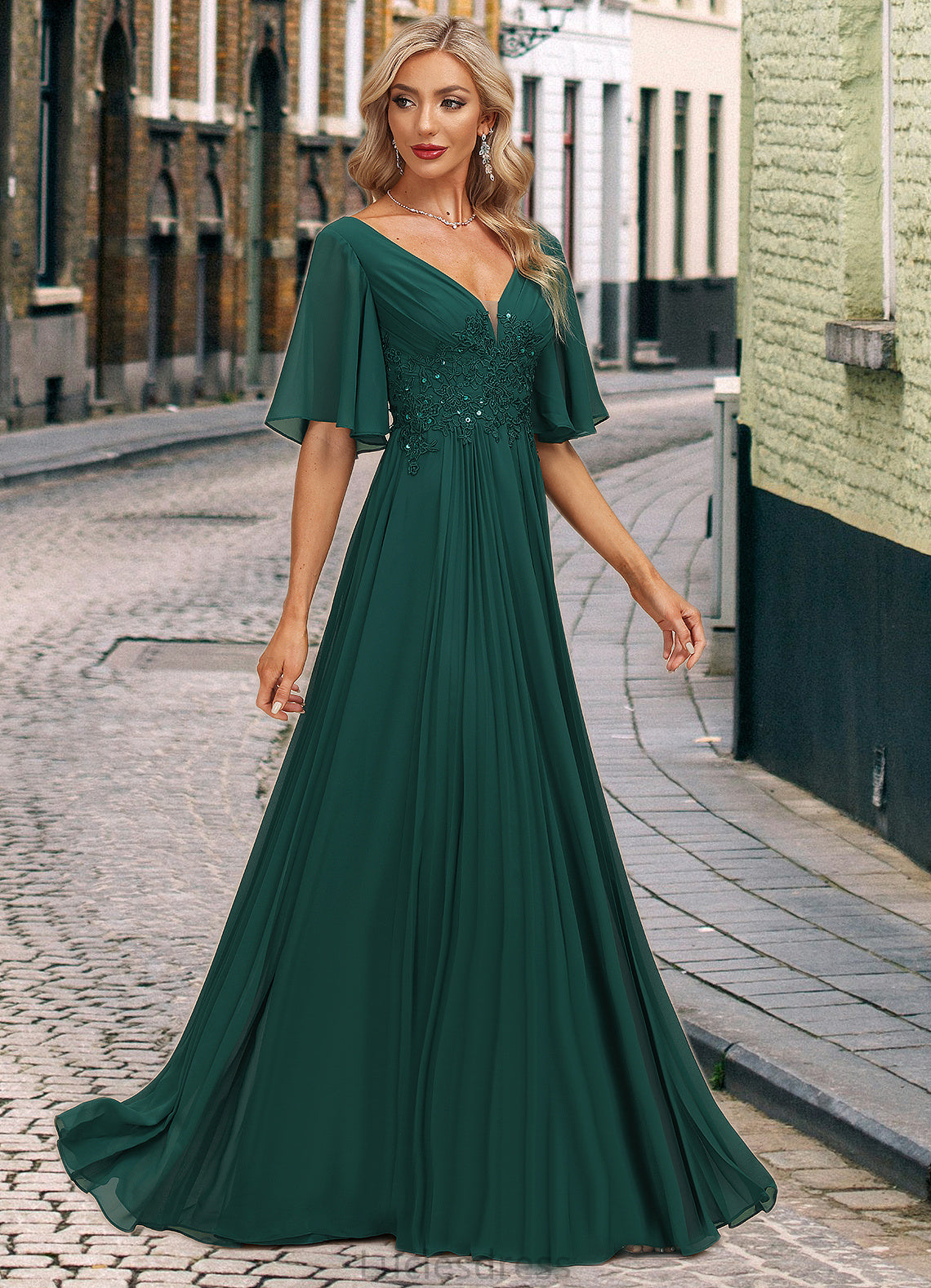 Haylee A-line V-Neck Floor-Length Chiffon Mother of the Bride Dress With Pleated Appliques Lace Sequins HFP0021807